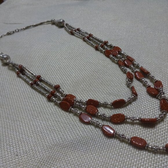Beautiful GOLD SUNSTONE 3 Strand Handmade Sterling Necklace (22 inches) #3C - Picture 2 of 4